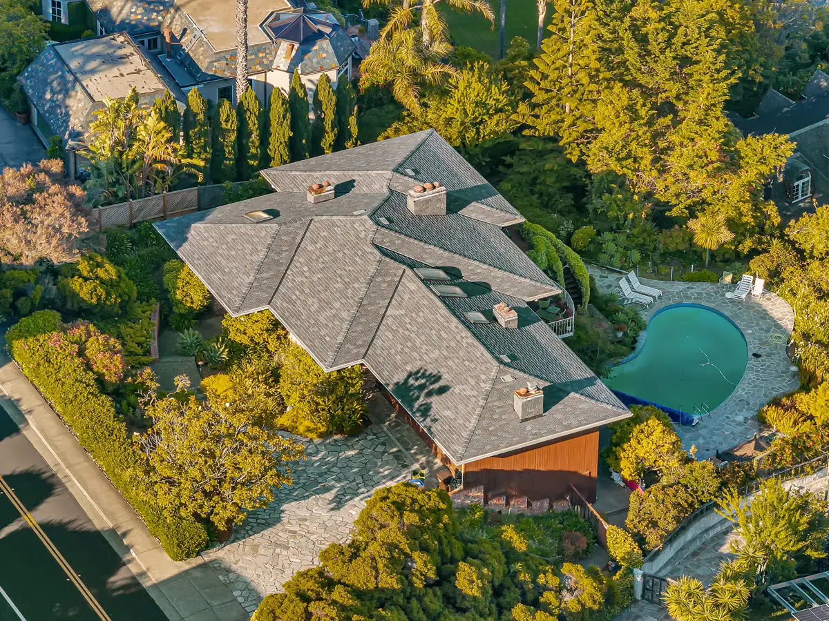 Aerial drone view of architectural shingle roof on Greater Los Angeles estate